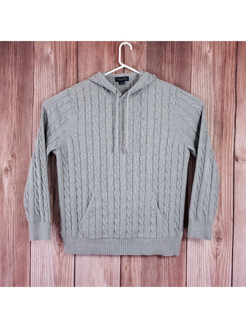 Brooks Brothers Mens XL Cable Knit Hooded Pullover Sweater Cotton Gray